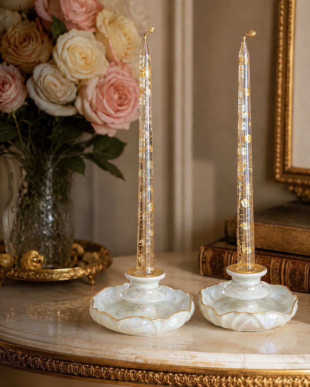 Antique RS Germany Mother of Pearl Glaze Candlesticks Pair Gold Gilt Porcelain